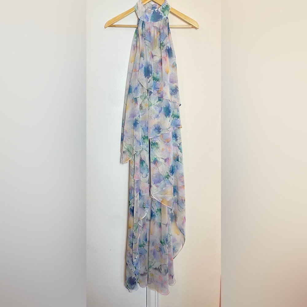 Misa Los Angeles Victorine Sleeveless High-Low Maxi Chiffon Watercolor Dress - Picture 3 of 10